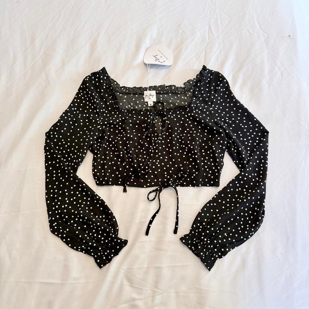 Princess Polly Polka Dot Crop Top Black White Long Sleeve Tie Front Size 8